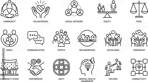 Community and social connection line icons set representing volunteering equity friendship communication mental health unity partnership neighborhood support concepts