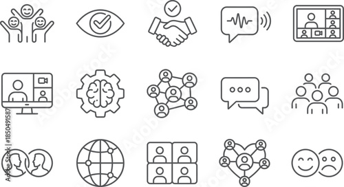 Community communication and collaboration line icons set showing teamwork, trust, networking, online meetings, social connection, mental health, support, interaction