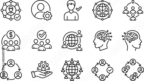 Business teamwork and global networking line icons set, showing leadership management collaboration people connections AI innovation workflow strategy corporate illustration
