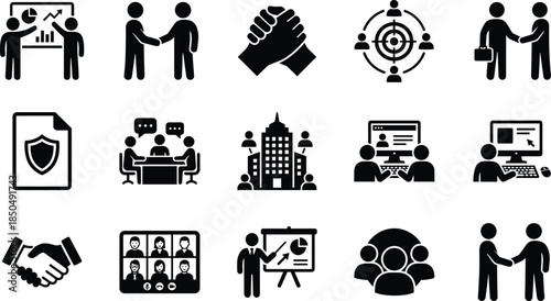 Business teamwork and collaboration solid icons set for corporate communication leadership meeting partnership management strategy illustration design
