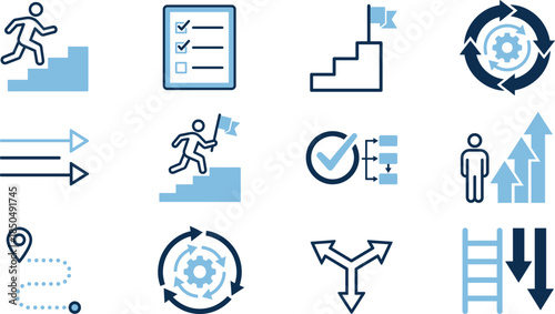 Business progress and workflow line icons set, illustrating growth steps checklist goals process optimization direction strategy achievement concept design