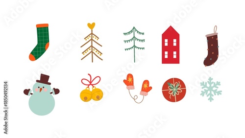 Christmas Collection with Snowman, Mittens, Pine Trees, and Gift Box