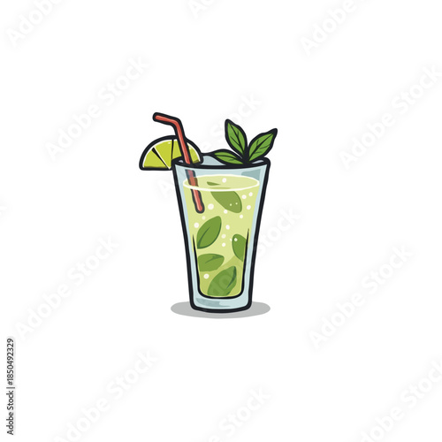 Refreshing mojito illustration showcasing mint leaves, lime slice and straw offering invigorating