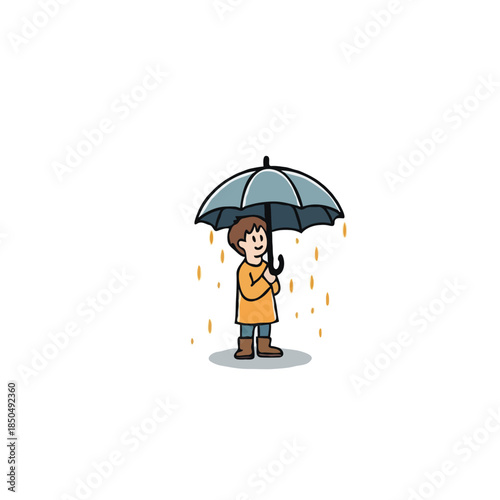 Smiling young child protects himself from autumn raindrops with a grey umbrella on a wet day