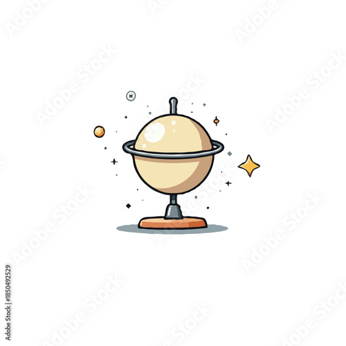 Whimsical planetary model illustration on a sleek stand against a clean white backdrop evokes