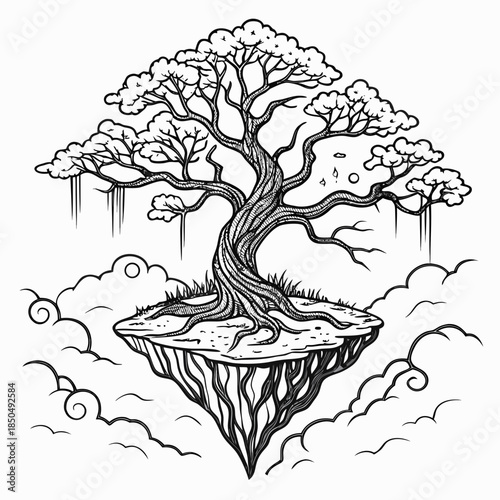 Mystical tree on cloud island