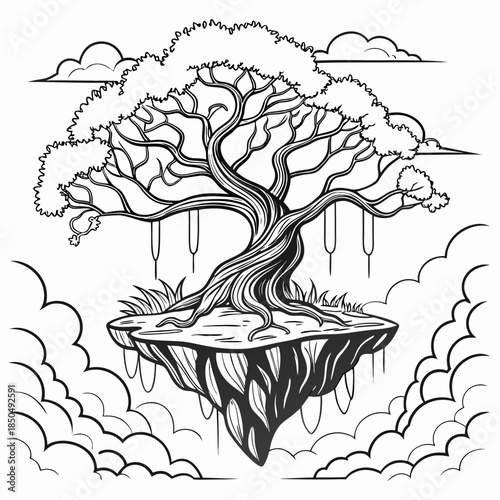 Mystical tree in the clouds