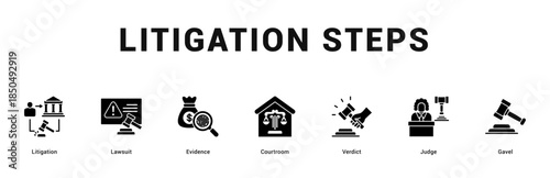 Litigation Steps Modern and clean web banner illustration featuring thematic icons for visual communication
