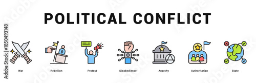 Political Conflict Modern and clean web banner illustration featuring thematic icons for visual communication