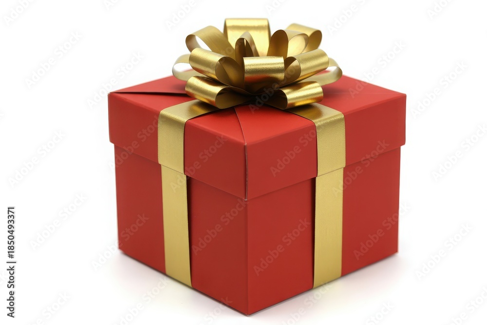 Obraz premium A vibrant red gift box with a lustrous gold ribbon and bow, perfectly presented on a stark white background