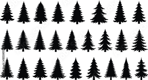 Set of Pine Tree Silhouettes Vector Collection, Christmas and Evergreen Fir Trees Icons, Forest Nature Graphic Elements, Isolated on White Background for Holiday Design.