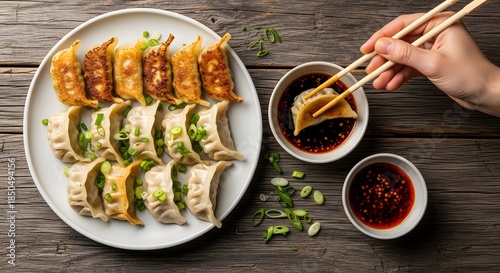 Wallpaper Mural Overhead shot of Chinese dumplings (Jiaozi/Potstickers) served with dipping sauce and chopsticks on a wooden table. Torontodigital.ca