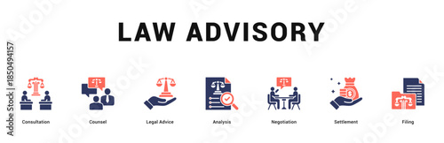 Law Advisory Modern and clean web banner illustration featuring thematic icons for visual communication