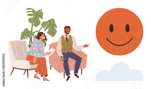 Two seated individuals engage in friendly conversation beside a large plant and furniture, with a smiling sun symbol and cloud evoking optimism. Ideal for therapy, communication, positivity, support