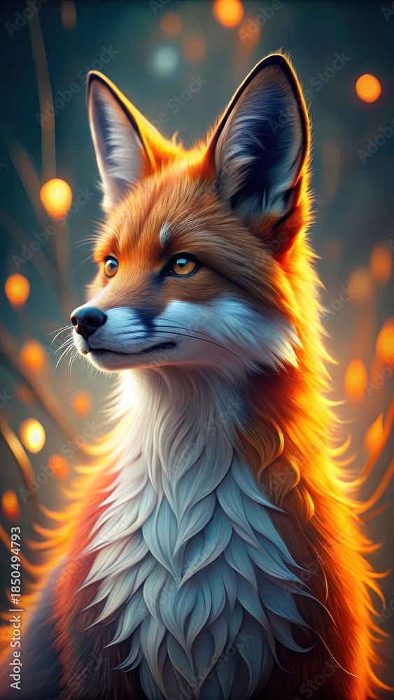 Naklejka premium A whimsical, pixelated fox with vibrant orange and white fur, set against a soft focus digital background