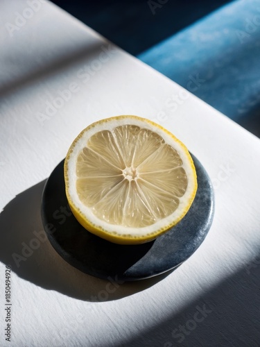 Soothing summer vibes are evoked by a serene blue lemon slice on a soft pastel blue background