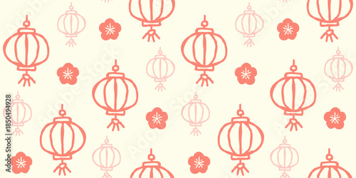 Elegant oriental lantern and blossom seamless pattern on cream