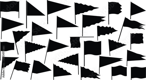 Black Flag Silhouettes Collection, Various Banners and Pennants Set, Vector Icon Graphic Elements, Different Shapes and Motion, Isolated on White Background.