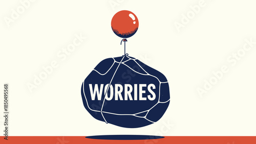 Red balloon lifting worries dark stone illustration symbolizing letting go concept for emotional freedom mental health in stress management blogs, wellbeing websites, therapy resources.