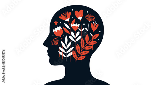 Abstract Human Head Silhouette with Blooming Flowers representing Inner Fantasy Positivity, Mental Well-being, and Personal Growth for Awareness Campaigns, Educational Content, and Self-Help Blogs