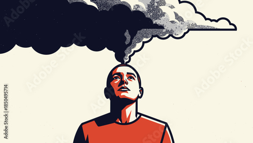 Storm cloud floating above a person , depicting overthinking, cognitive distress, and exhausted mind for stress awareness, mental health blogs, and psychology education.