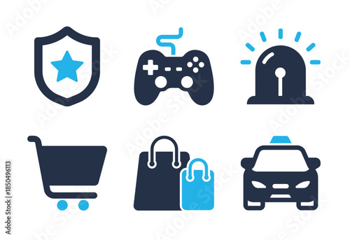 Security, Shopping, and Entertainment icon set. Solid glyph series icons