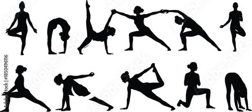 Yoga Poses Silhouette Vector Graphics Set, Diverse Asanas, Fitness, Exercise, Health, Wellness, Stretching, Female Workout, Body Balance Icon.