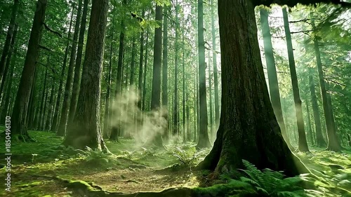 Nature forest video background, soft green light filtering through trees, gentle fog movement, quiet spiritual atmosphere, calming peaceful feeling