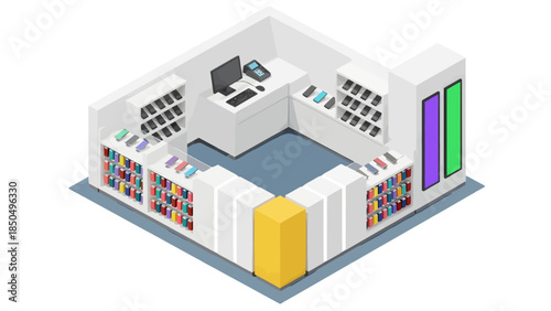 An isometric view of a compact white kiosk shows shelves filled with colorful phone cases, counters displaying smartphones, a cashier station with a computer, and a yellow corner pillar