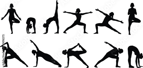 Yoga Poses Silhouette Vector Set, Diverse Female Positions, Stretching, Exercise, Fitness, Workout, Wellness, Health, Relaxation Graphics, Sport.