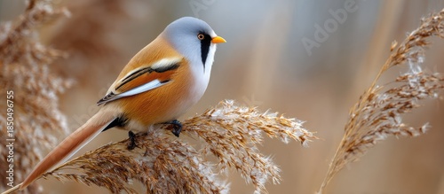 Bearded Tit Perched on Brown Reed Branch in Natural Habitat