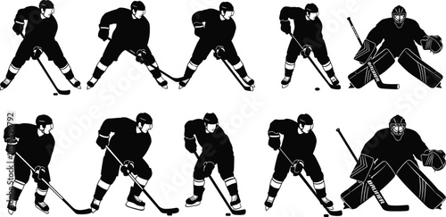 Ice Hockey Player Silhouettes Vector Set, Diverse Poses, Skaters and Goalie, Sports Graphics, Action, Game, Competition, Championship Design.