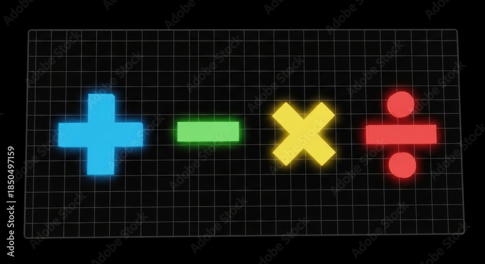 Obraz premium Colorful neon mathematical symbols on a grid background emphasizing basic arithmetic operations