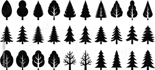 Tree Icons Set, Diverse Silhouette Vector Graphics of Broadleaf and Coniferous Plants, Nature, Forest, Park Symbols, Ecology, Plant Varieties.