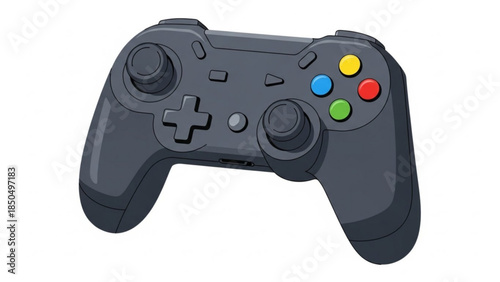 Modern video game controller ergonomic design with colorful buttons isolated on white background for gaming and technology concepts