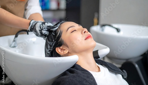 Asian woman enjoys a hair wash at a salon, head resting in a ceramic basin, receiving gentle care