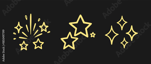 set of glowing hand drawn golden star sparkles and shining effects