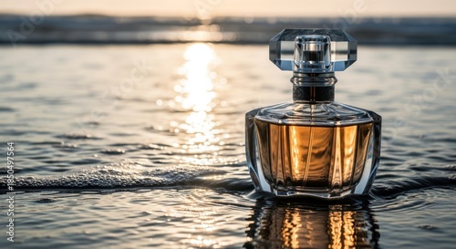 Elegant perfume bottle on a reflective surface at sunset with warm glow and serene ocean background