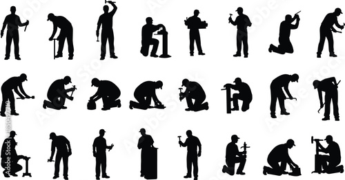 Construction worker silhouettes using tools, handyman and technician labor poses, industrial maintenance and repair activities isolated on white background illustration