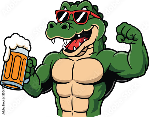 Muscular Cartoon Alligator Holding Beer Mug Wearing Sunglasses crocodile reptile