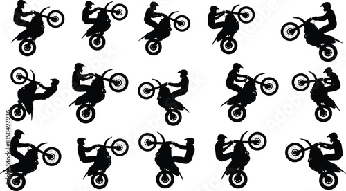 Motocross rider silhouettes performing wheelie stunts, extreme dirt bike action poses, adrenaline motorsport concept isolated on white background illustration