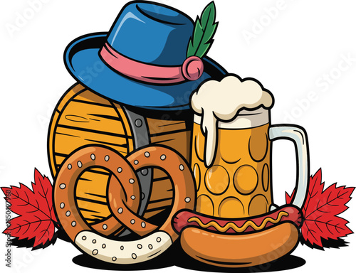 Oktoberfest Barrel Pretzel Beer Mug Hot Dog and Hat wooden