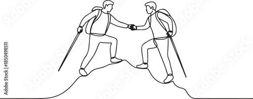 Single one line drawing two men hiker helping each other on top of mountain.one line  vector illustration  with out background