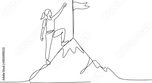 Single one line drawing woman climber standing on top of mountain with flag.one line  vector illustration  with out background