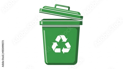 Green recycling bin with lid open featuring a white recycle symbol isolated on white background perfect for eco-friendly concepts and waste management