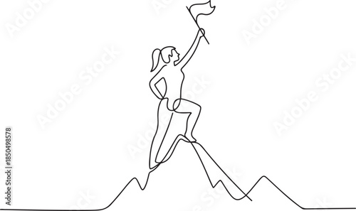 Single one line drawing woman climber standing on top of mountain with flag.one line  vector illustration  with out background