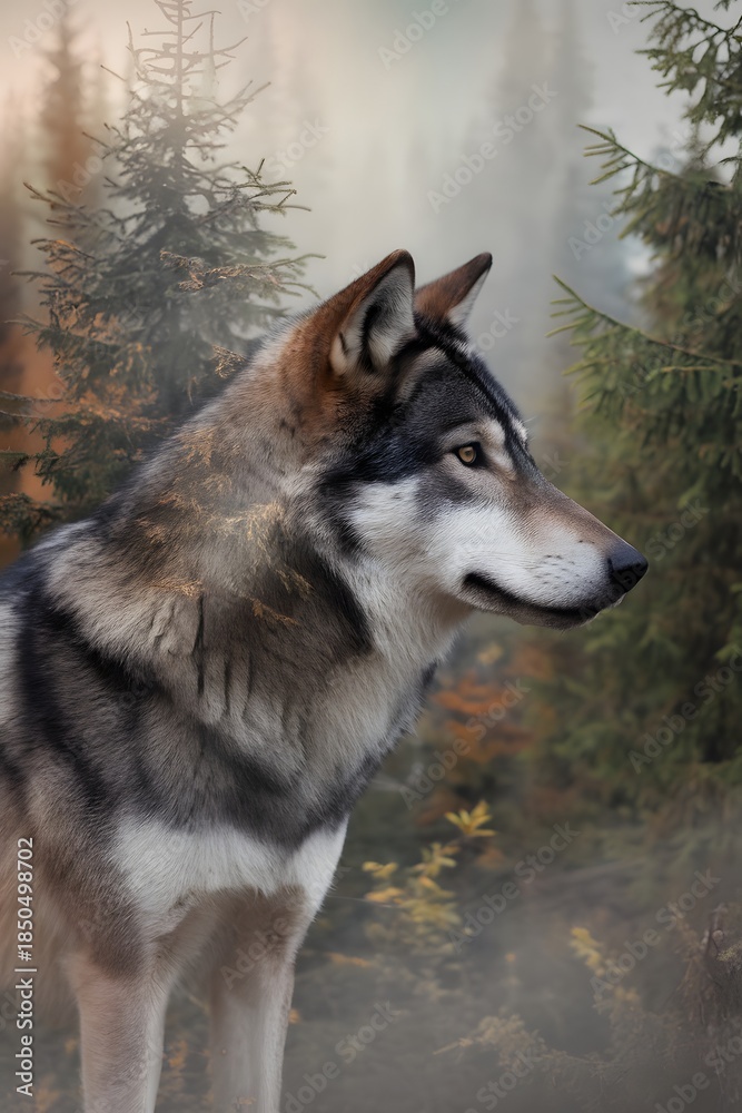 Obraz premium Majestic wolf standing in a misty forest with tall trees