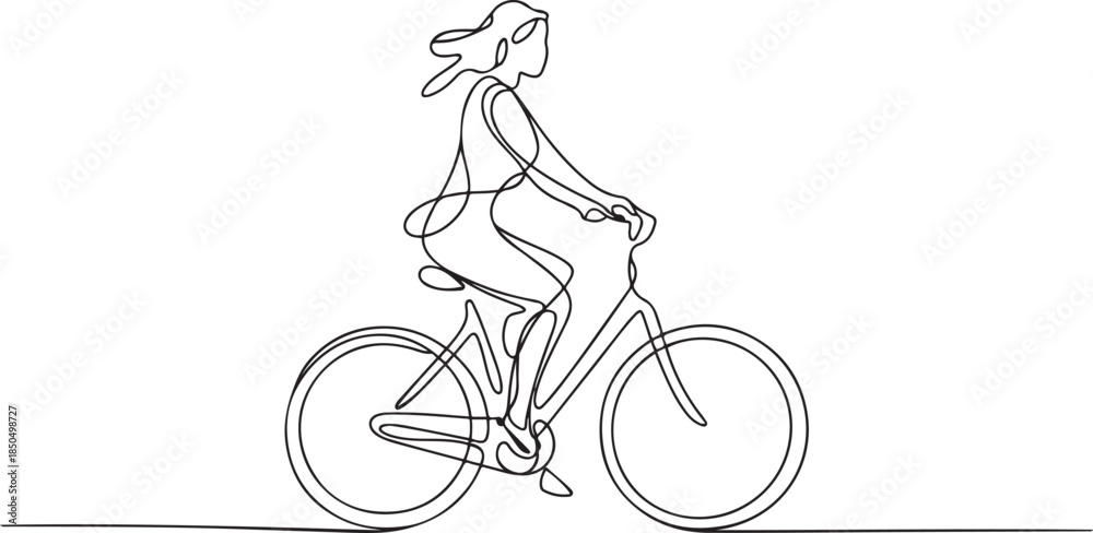 Fototapeta premium Woman riding bicycle continuous one line drawing.one line vector illustration with out background