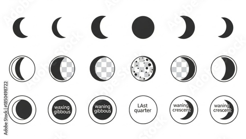 Collection of moon phase icons representing celestial cycles and astronomical events ideal for science and education graphics