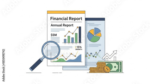 Financial report and annual report analysis with magnifying glass charts and money representing business growth and investment strategy
